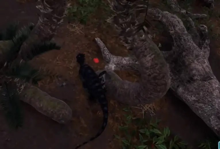 Overhead view The Isle overhead view of a striped dinosaur on the forest floor